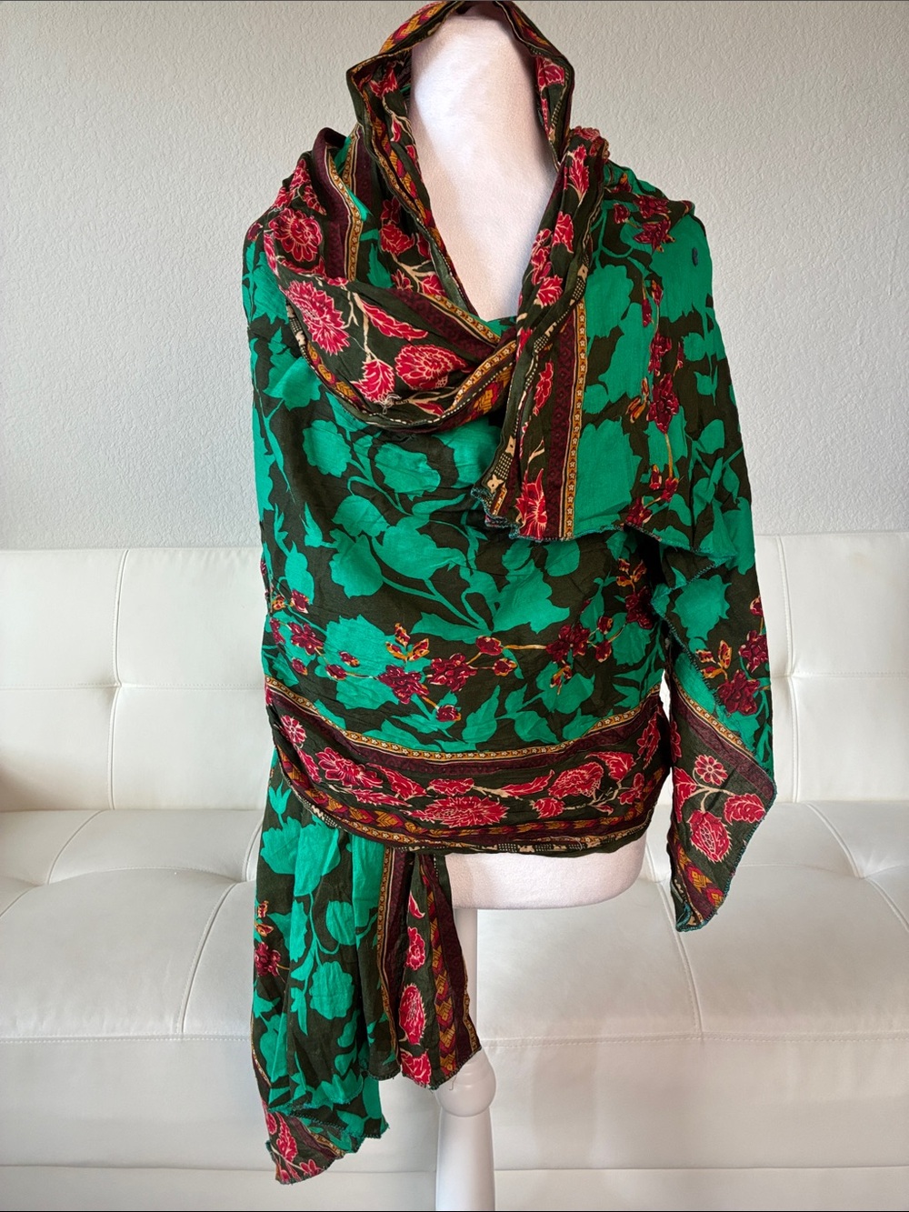 Green Floral Scarf Wrap with Pink Accents - Women Accessories Scarves & Wraps